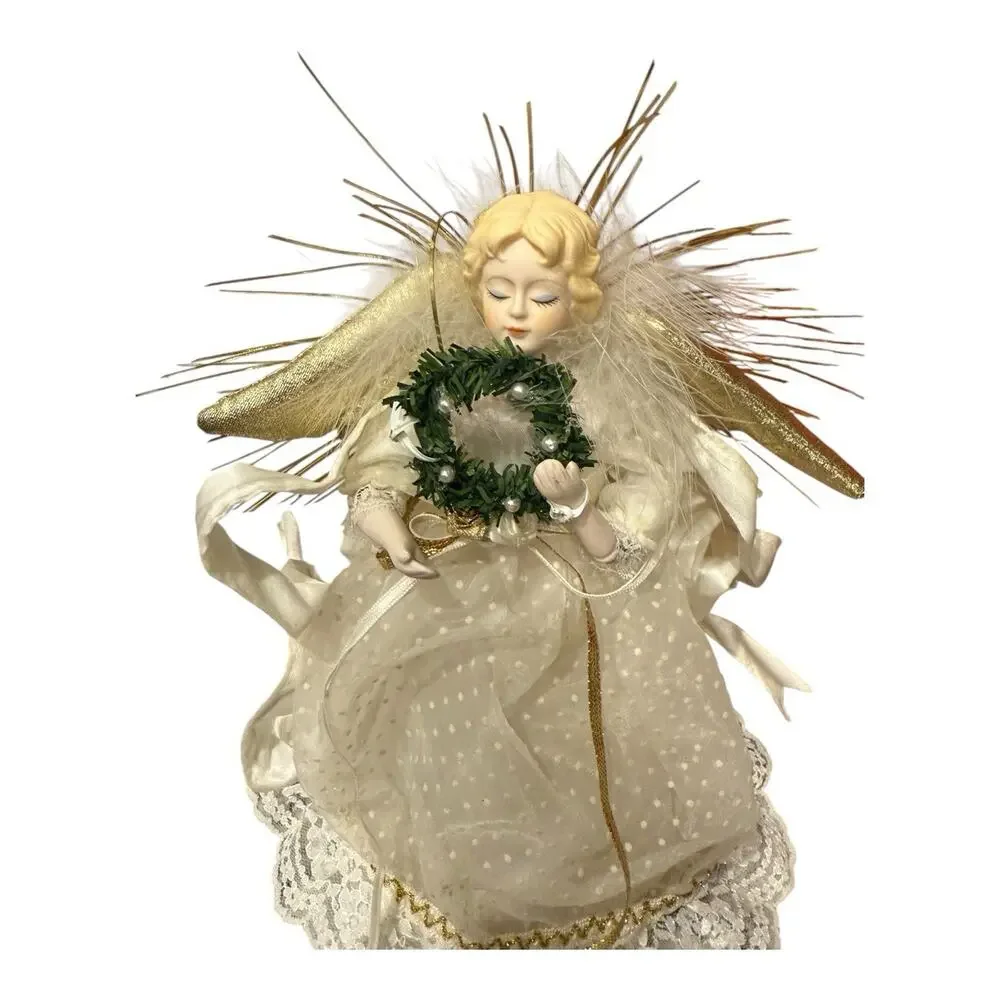 Vintage Porcelain Christmas Angel Tree Topper White Gold 9